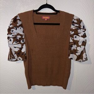 THML Brown Knit Top with Floral Puff Sleeves